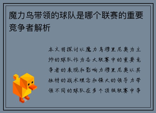 魔力鸟带领的球队是哪个联赛的重要竞争者解析 魔力鸟带领的球队是哪个联赛的重要竞争者解析