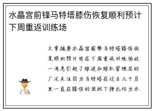 水晶宫前锋马特塔膝伤恢复顺利预计下周重返训练场